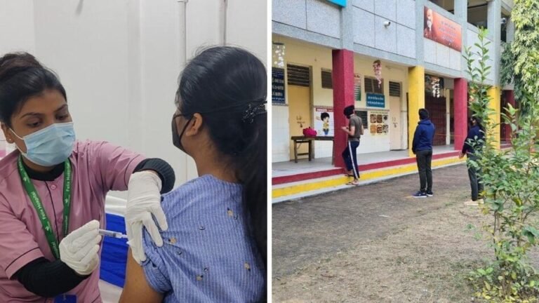 A healthcare worker administering a COVID-19 vaccine to a woman, and people standing in line outside a vaccination center.